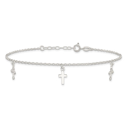 Sterling Silver Polished Cross Dangle 9In Plus 1In Ext Anklet