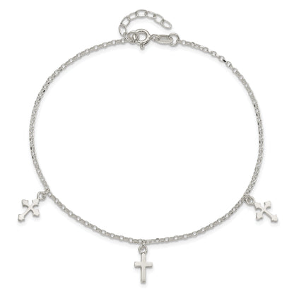 Sterling Silver Polished Cross Dangle 9In Plus 1In Ext Anklet