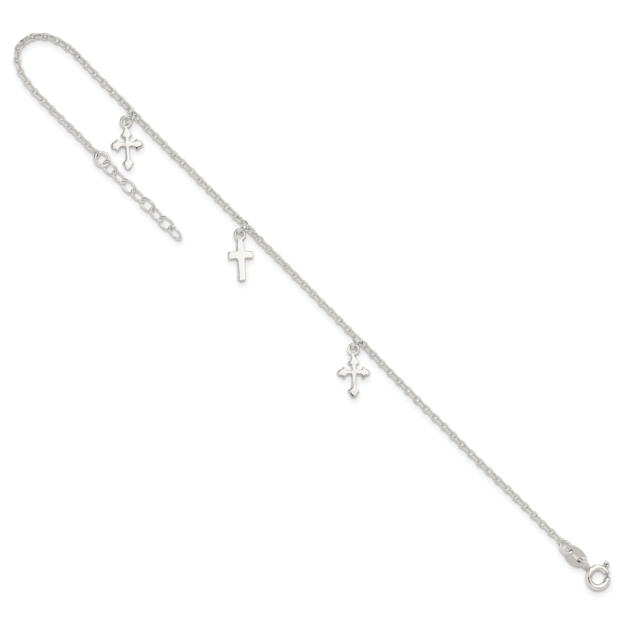 Sterling Silver Polished Cross Dangle 9In Plus 1In Ext Anklet
