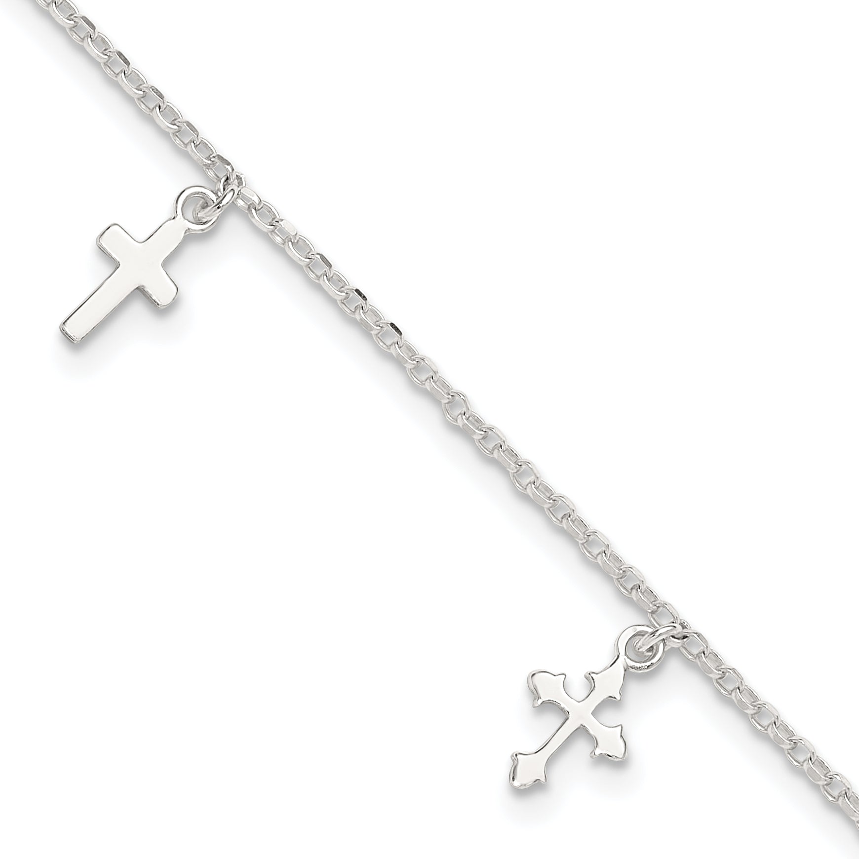 Sterling Silver Polished Cross Dangle 9In Plus 1In Ext Anklet