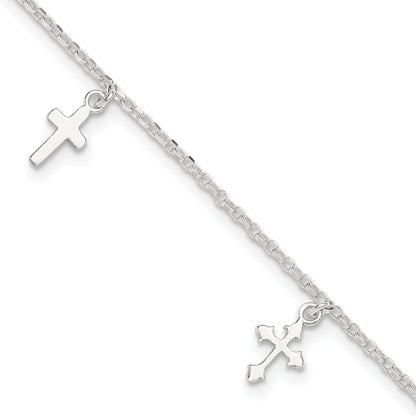 Sterling Silver Polished Cross Dangle 9In Plus 1In Ext Anklet