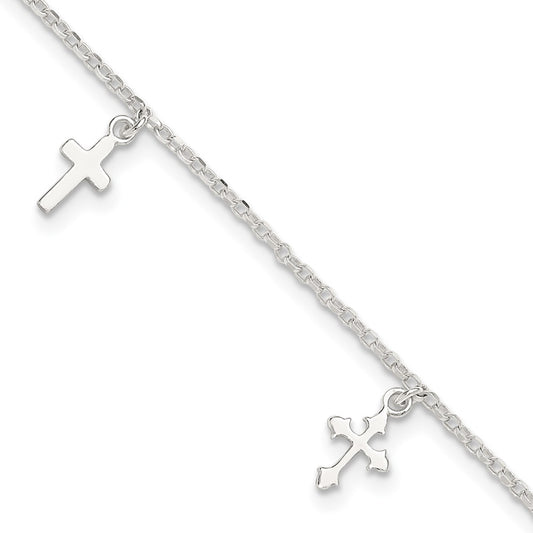 Sterling Silver Polished Cross Dangle 9In Plus 1In Ext Anklet