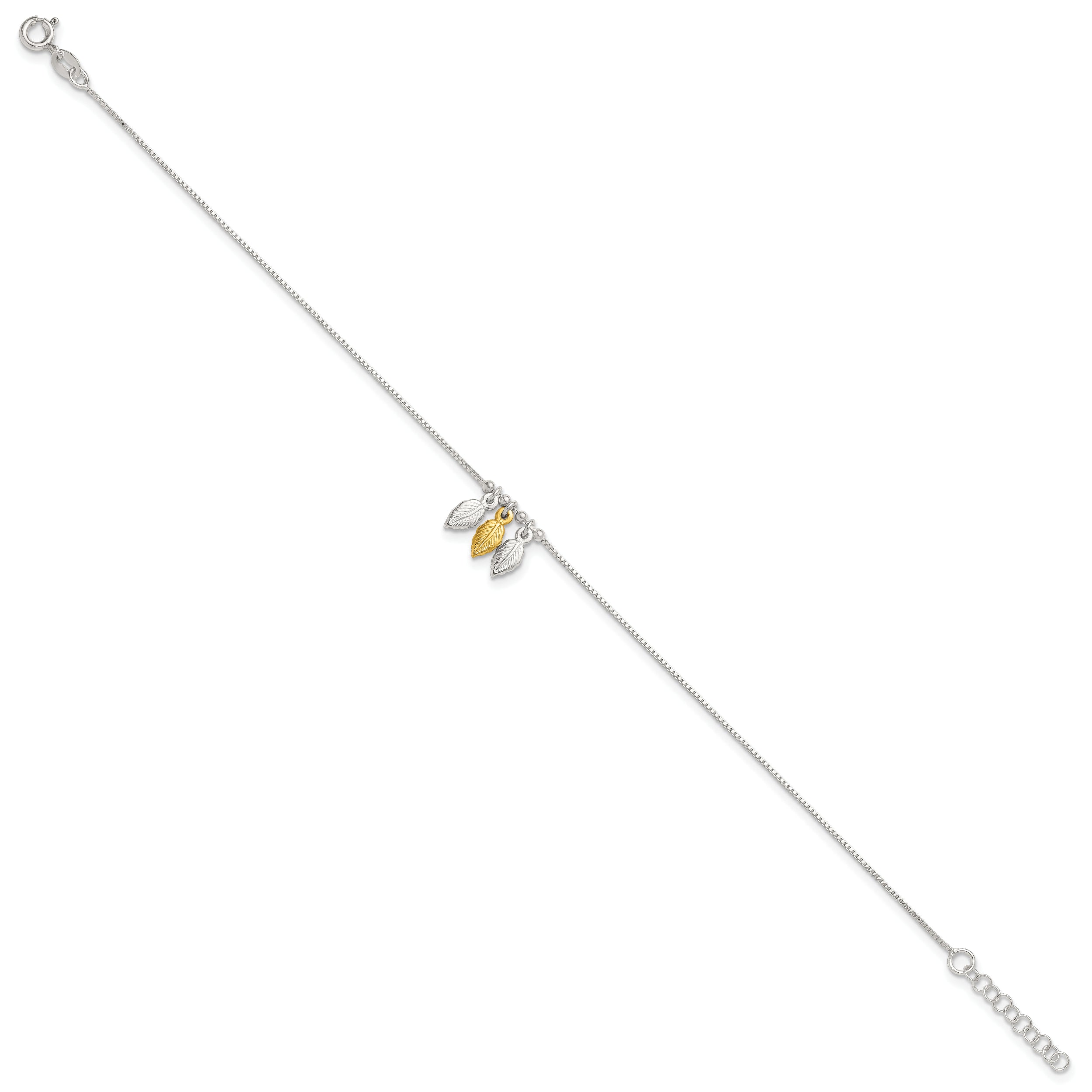 Sterling Silver Gold-Tone Polished Feather 9In W/1In Ext Anklet