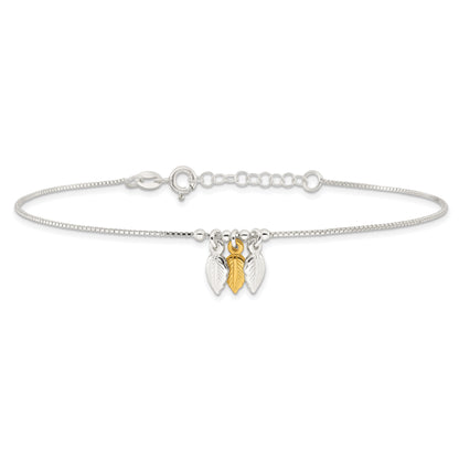 Sterling Silver Gold-Tone Polished Feather 9In W/1In Ext Anklet