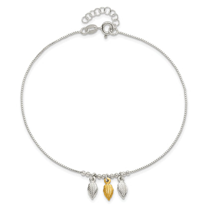 Sterling Silver Gold-Tone Polished Feather 9In W/1In Ext Anklet