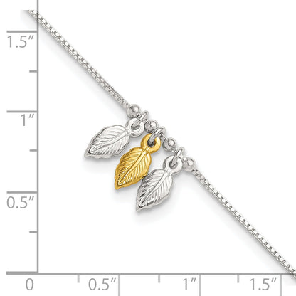 Sterling Silver Gold-Tone Polished Feather 9In W/1In Ext Anklet