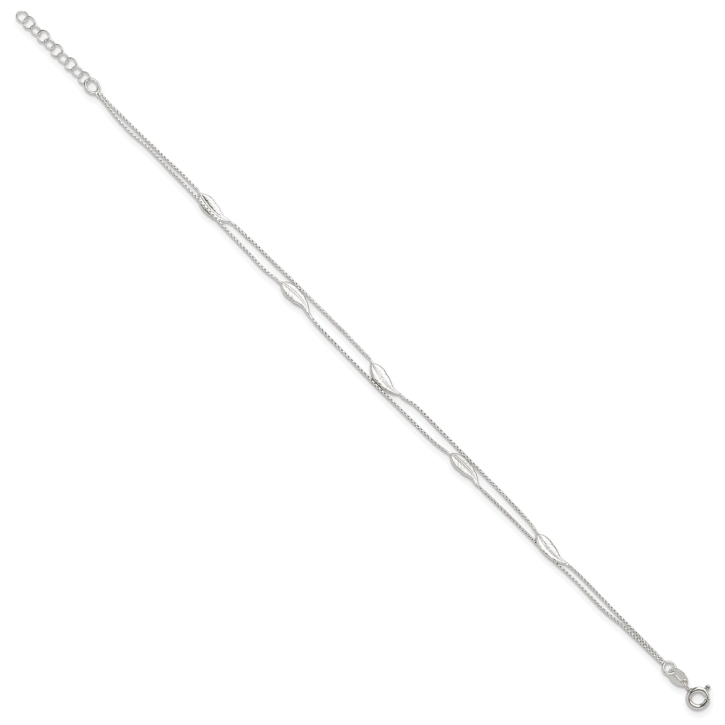Sterling Silver Polished 2-Strand Feather 9In Plus 1In Ext Anklet