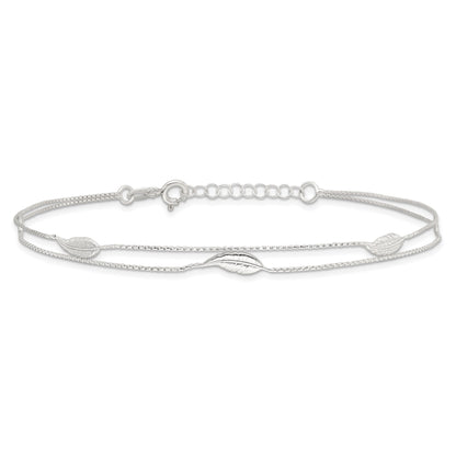 Sterling Silver Polished 2-Strand Feather 9In Plus 1In Ext Anklet