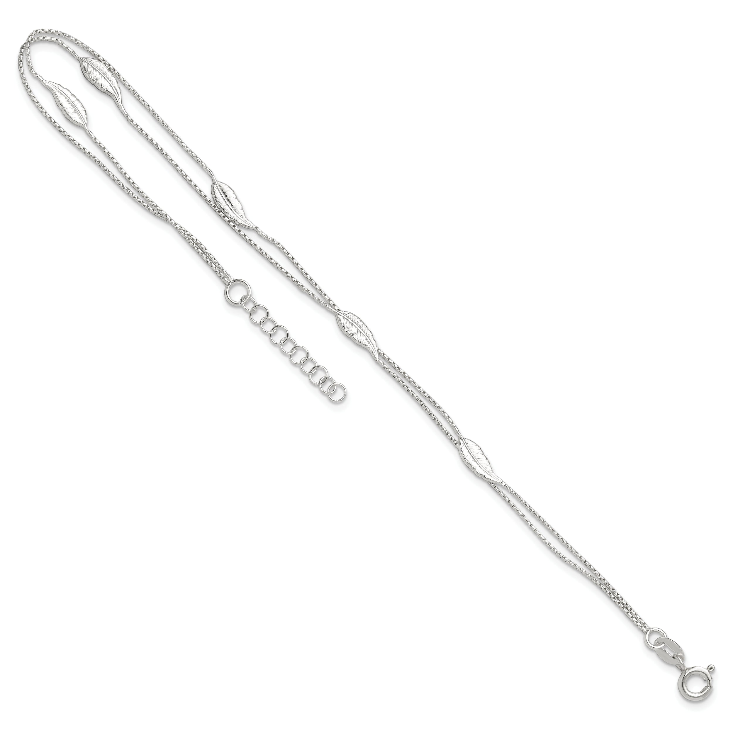 Sterling Silver Polished 2-Strand Feather 9In Plus 1In Ext Anklet