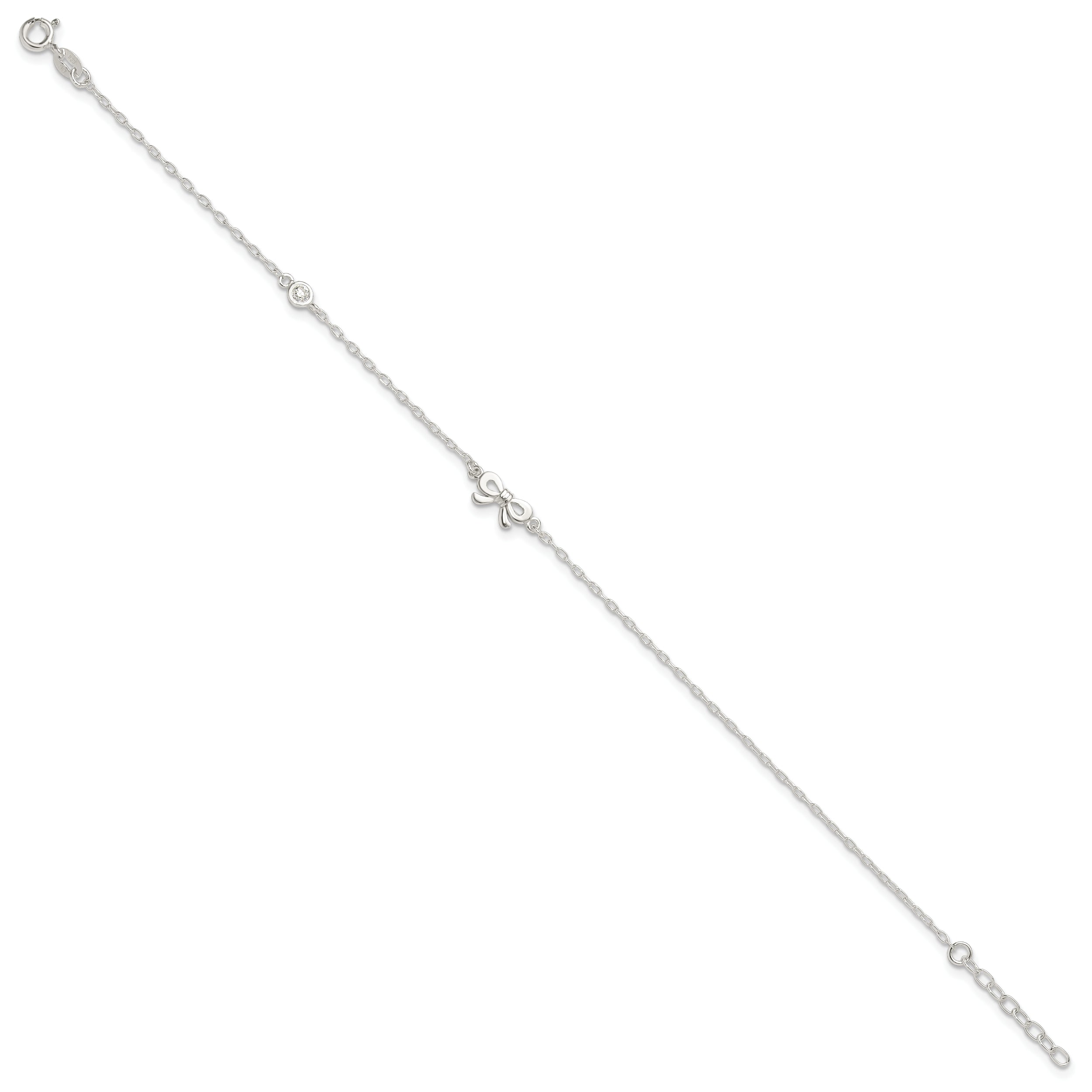 Sterling Silver Polished Cz Bow 9In Plus 1In Ext. Anklet