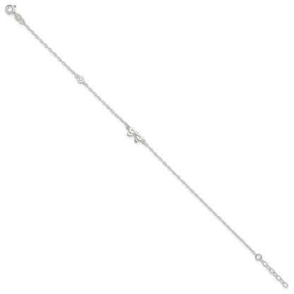 Sterling Silver Polished Cz Bow 9In Plus 1In Ext. Anklet