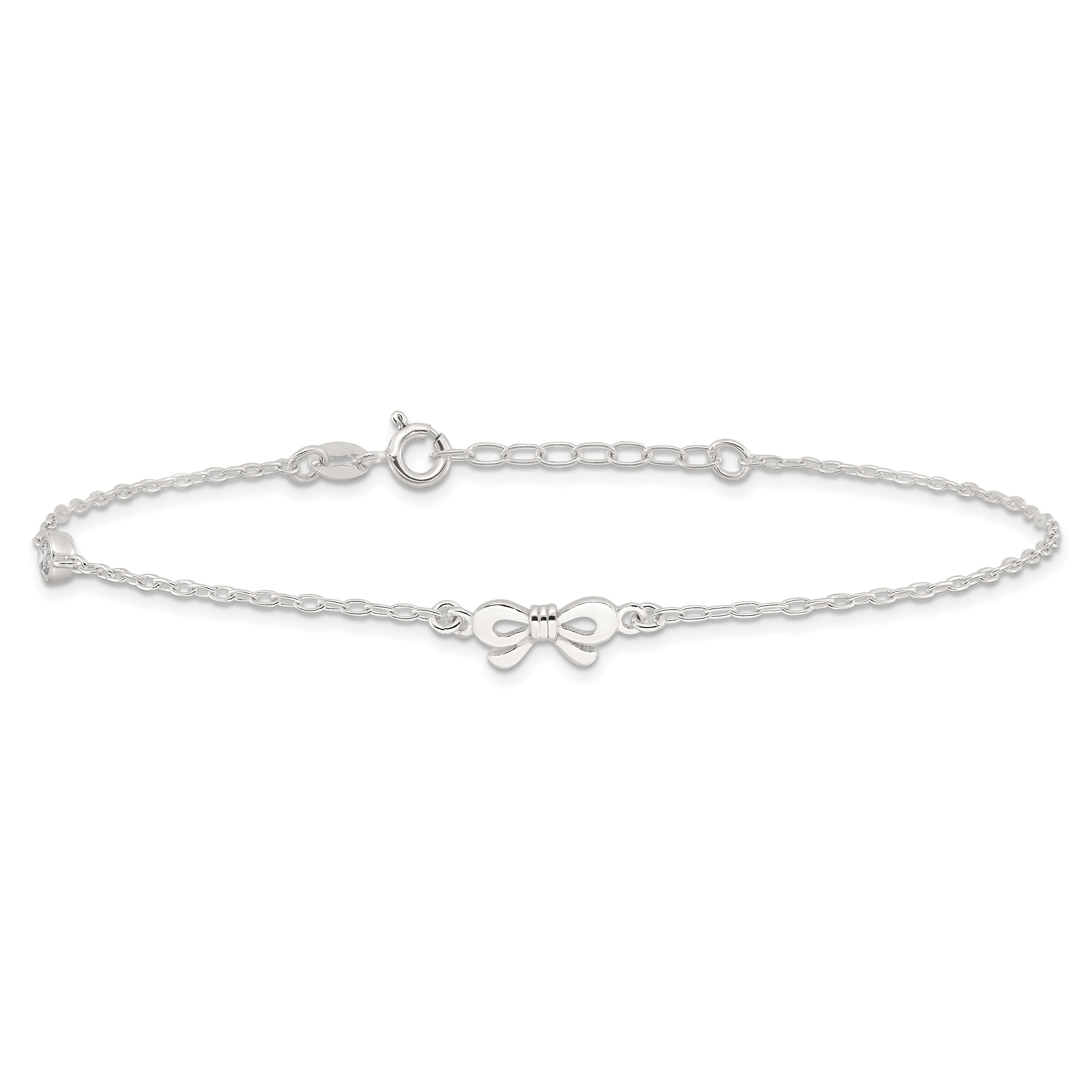 Sterling Silver Polished Cz Bow 9In Plus 1In Ext. Anklet