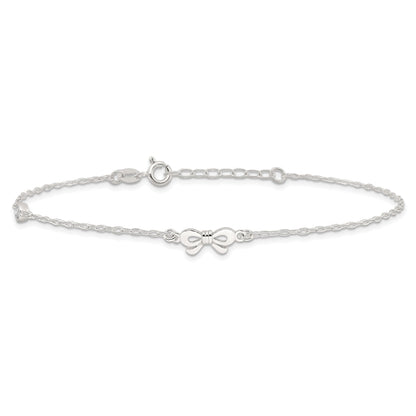 Sterling Silver Polished Cz Bow 9In Plus 1In Ext. Anklet
