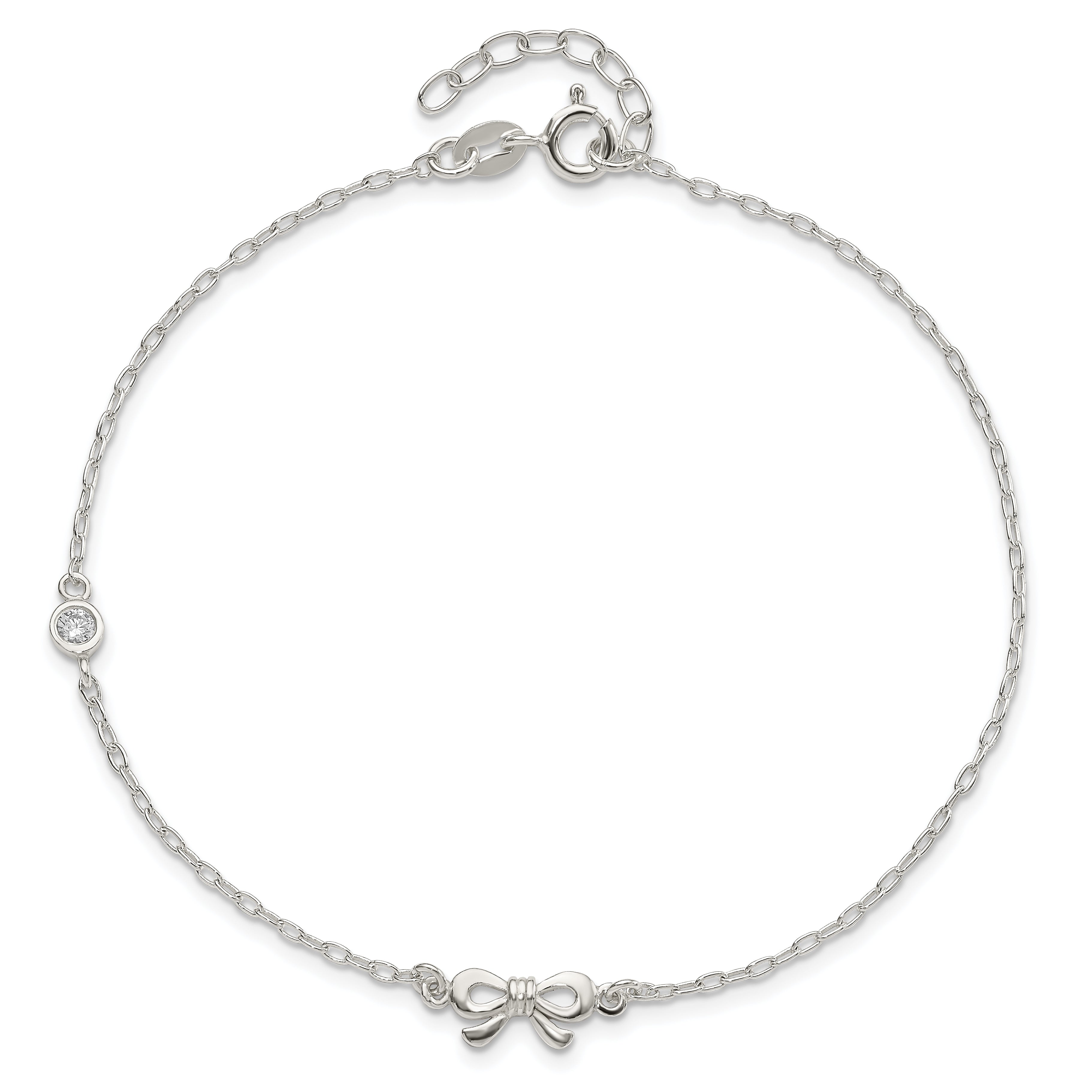Sterling Silver Polished Cz Bow 9In Plus 1In Ext. Anklet