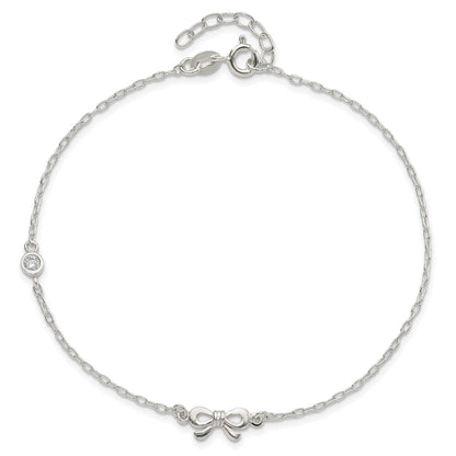 Sterling Silver Polished Cz Bow 9In Plus 1In Ext. Anklet
