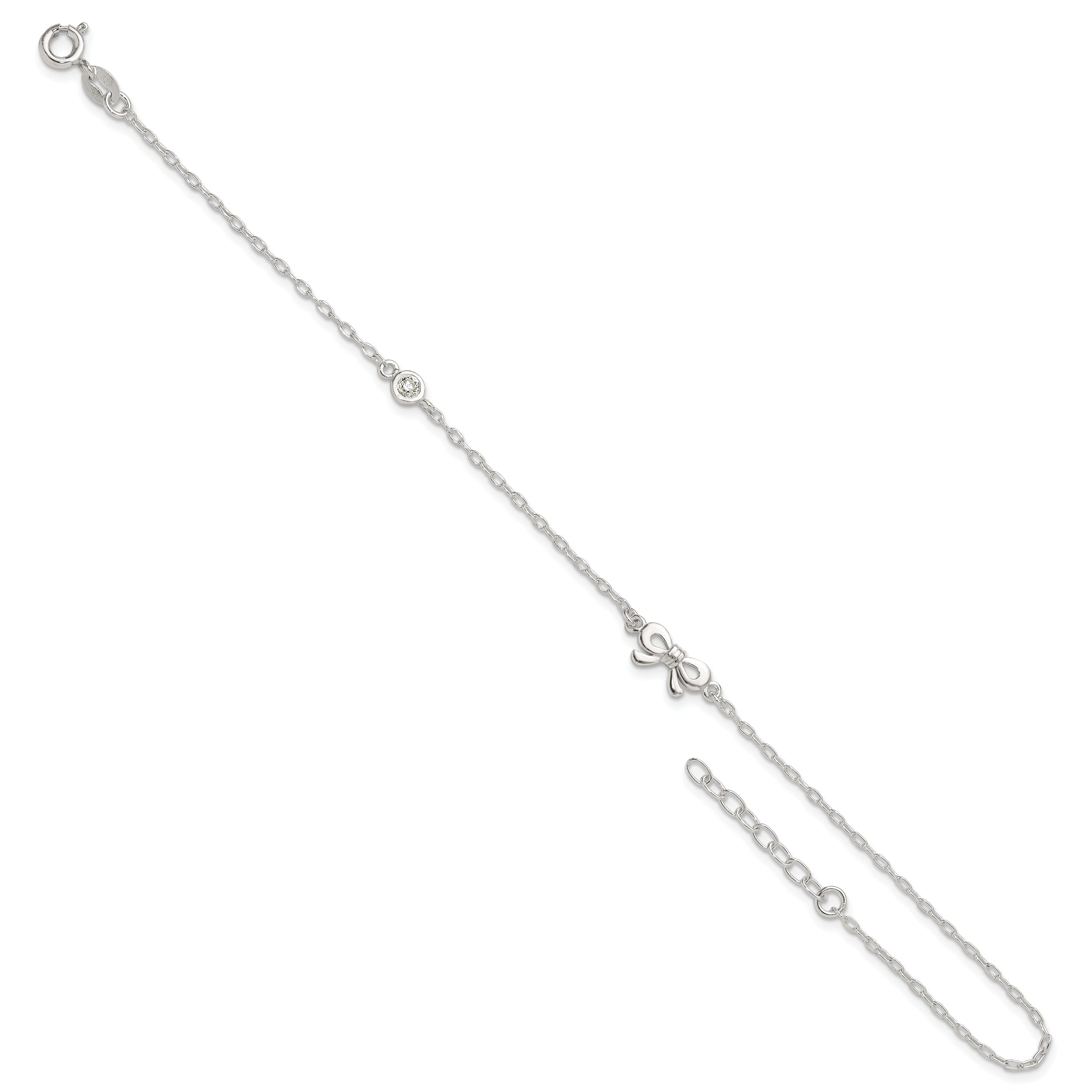 Sterling Silver Polished Cz Bow 9In Plus 1In Ext. Anklet