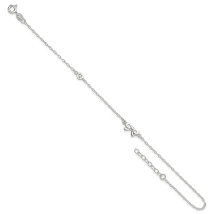 Sterling Silver Polished Cz Bow 9In Plus 1In Ext. Anklet