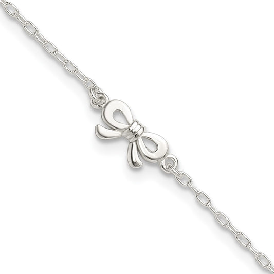 Sterling Silver Polished Cz Bow 9In Plus 1In Ext. Anklet