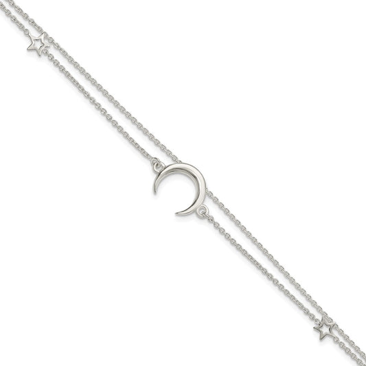 7.5 Inch Sterling Silver Polished Moon And Stars 2-Strand 7.5In Bracelet