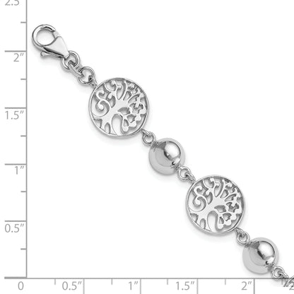 7 Inch Sterling Silver Rhod-Plated Round Tree And Circle W/1In Ext. Bracelet