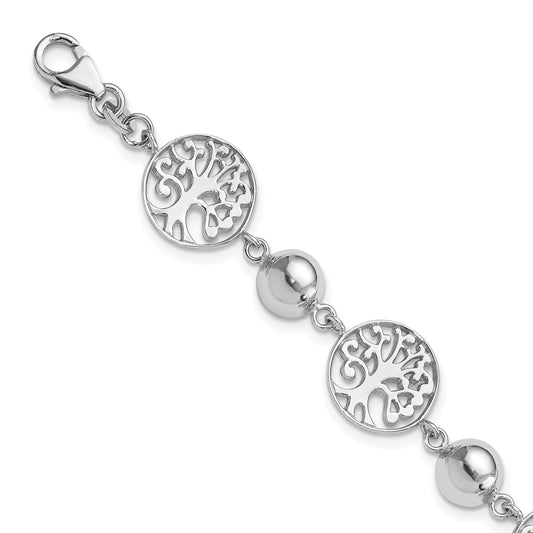 7 Inch Sterling Silver Rhod-Plated Round Tree And Circle W/1In Ext. Bracelet