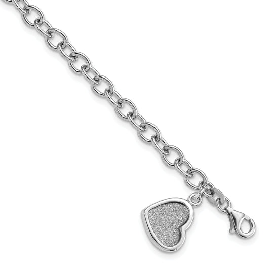 7.5 Inch Sterling Silver Rhodium-Plated Glitter Enamel Heart Bracelet