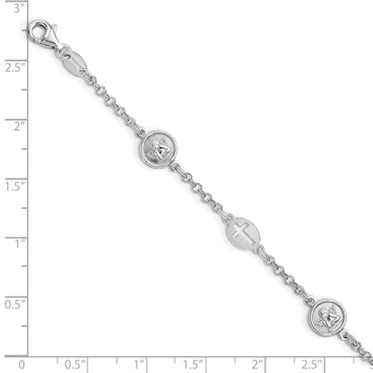 7.5 Inch Sterling Silver Rhodium Plated Cross And Angel Bracelet