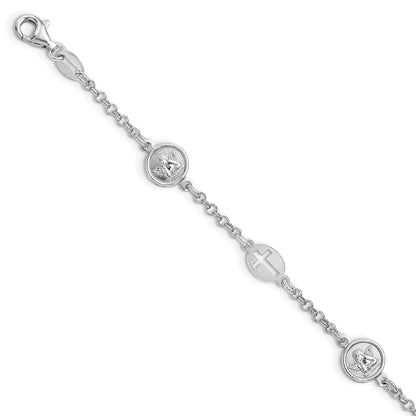 7.5 Inch Sterling Silver Rhodium Plated Cross And Angel Bracelet