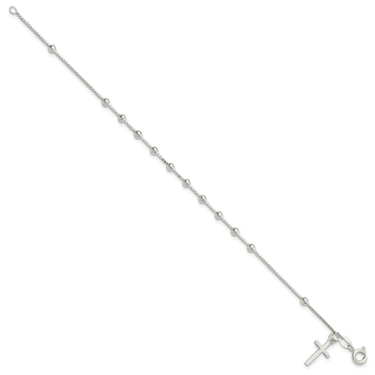 7.25 Inch Sterling Silver Polished Beaded Cross 7.25In Bracelet