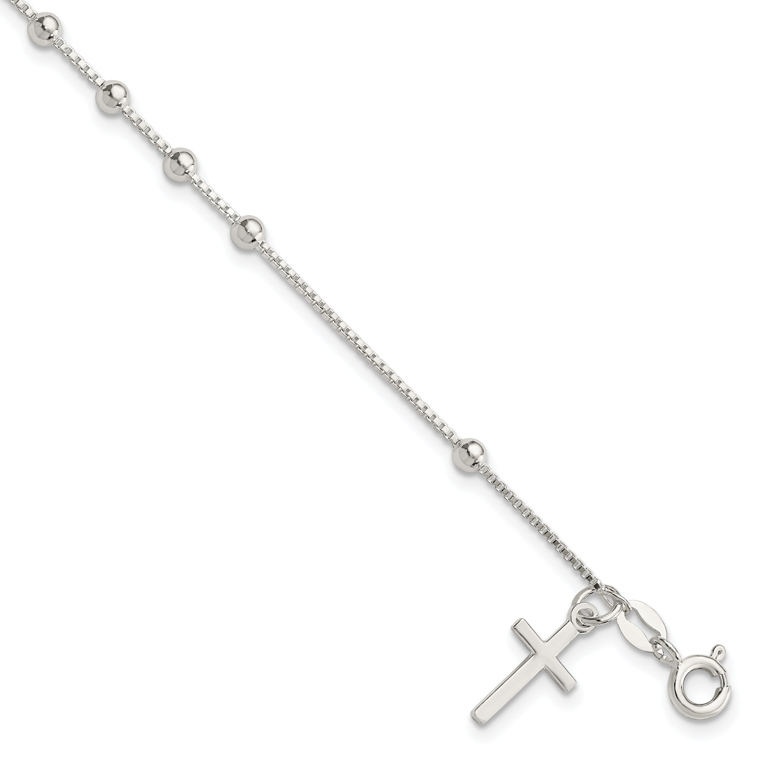 7.25 Inch Sterling Silver Polished Beaded Cross 7.25In Bracelet