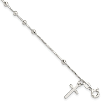 7.25 Inch Sterling Silver Polished Beaded Cross 7.25In Bracelet