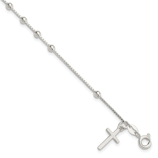 7.25 Inch Sterling Silver Polished Beaded Cross 7.25In Bracelet