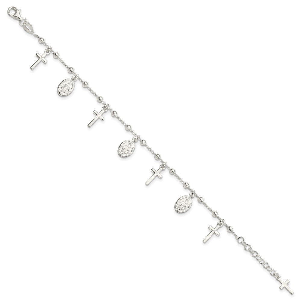 6.25 Inch Sterling Silver Polished W/1In Ext Cross Miraculous Medal Bracelet