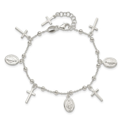 6.25 Inch Sterling Silver Polished W/1In Ext Cross Miraculous Medal Bracelet
