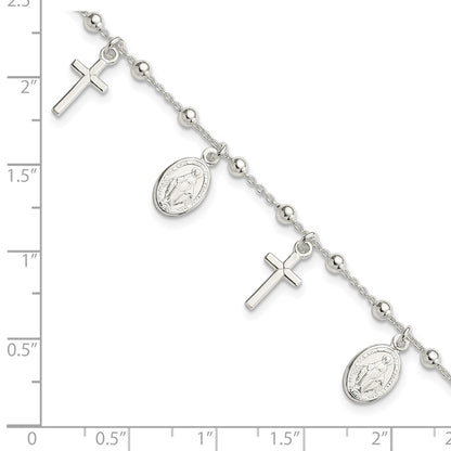 6.25 Inch Sterling Silver Polished W/1In Ext Cross Miraculous Medal Bracelet