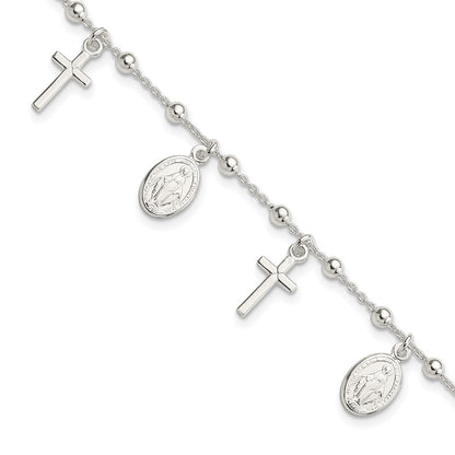 6.25 Inch Sterling Silver Polished W/1In Ext Cross Miraculous Medal Bracelet