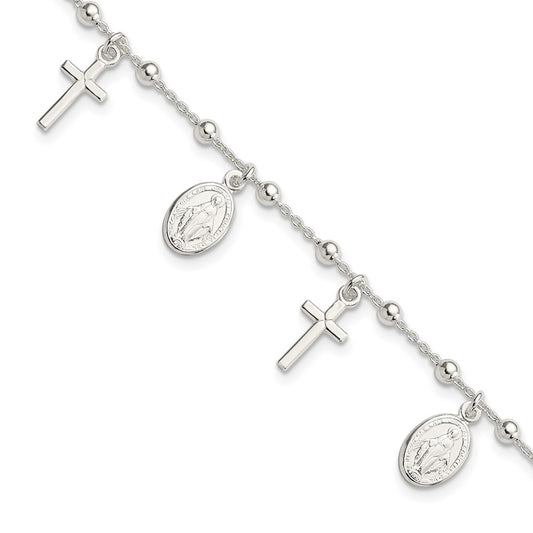 6.25 Inch Sterling Silver Polished W/1In Ext Cross Miraculous Medal Bracelet
