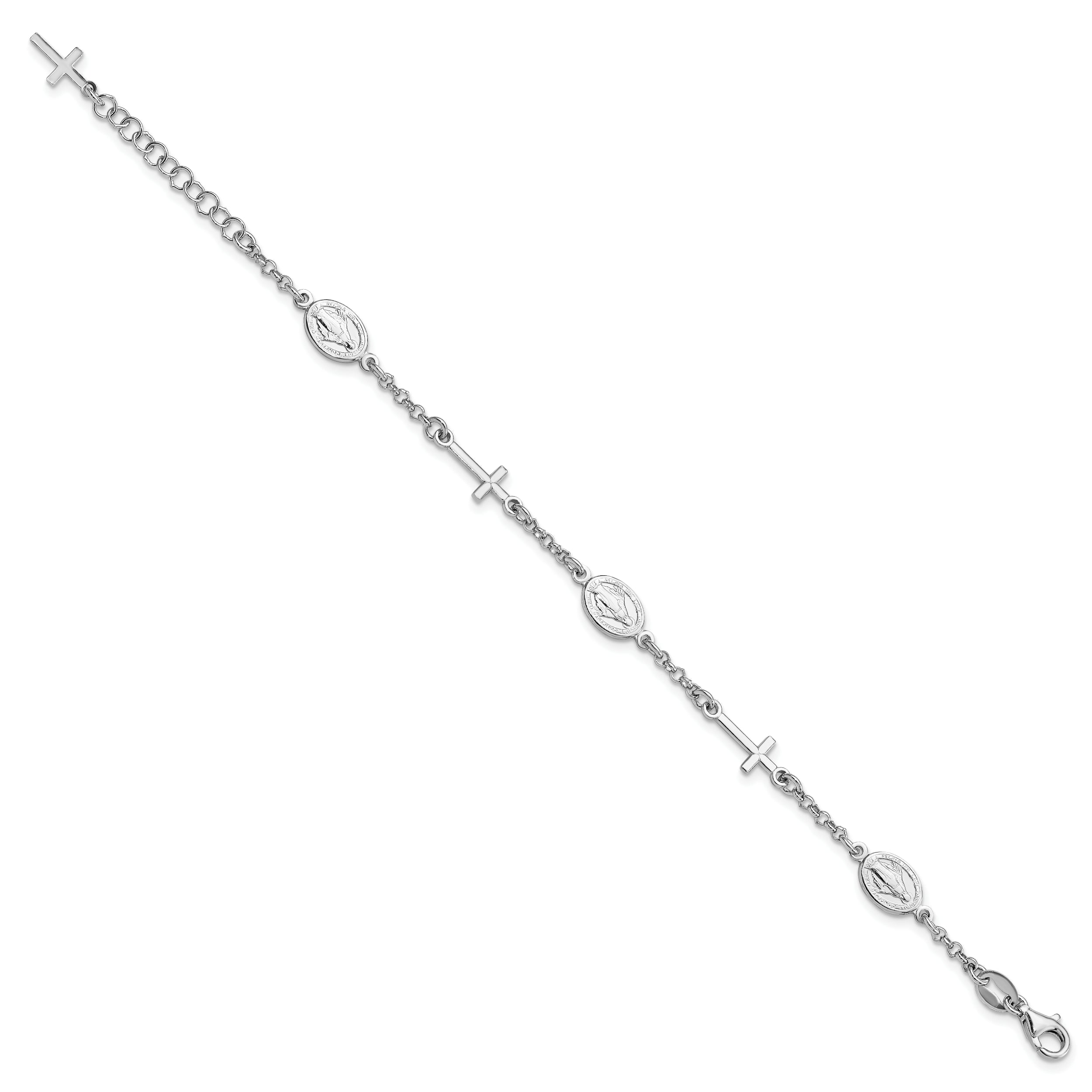 7.5 Inch Sterling Silver Rh-Plate Cross Miraculous Medal 6In W/1In Ext Bracelet