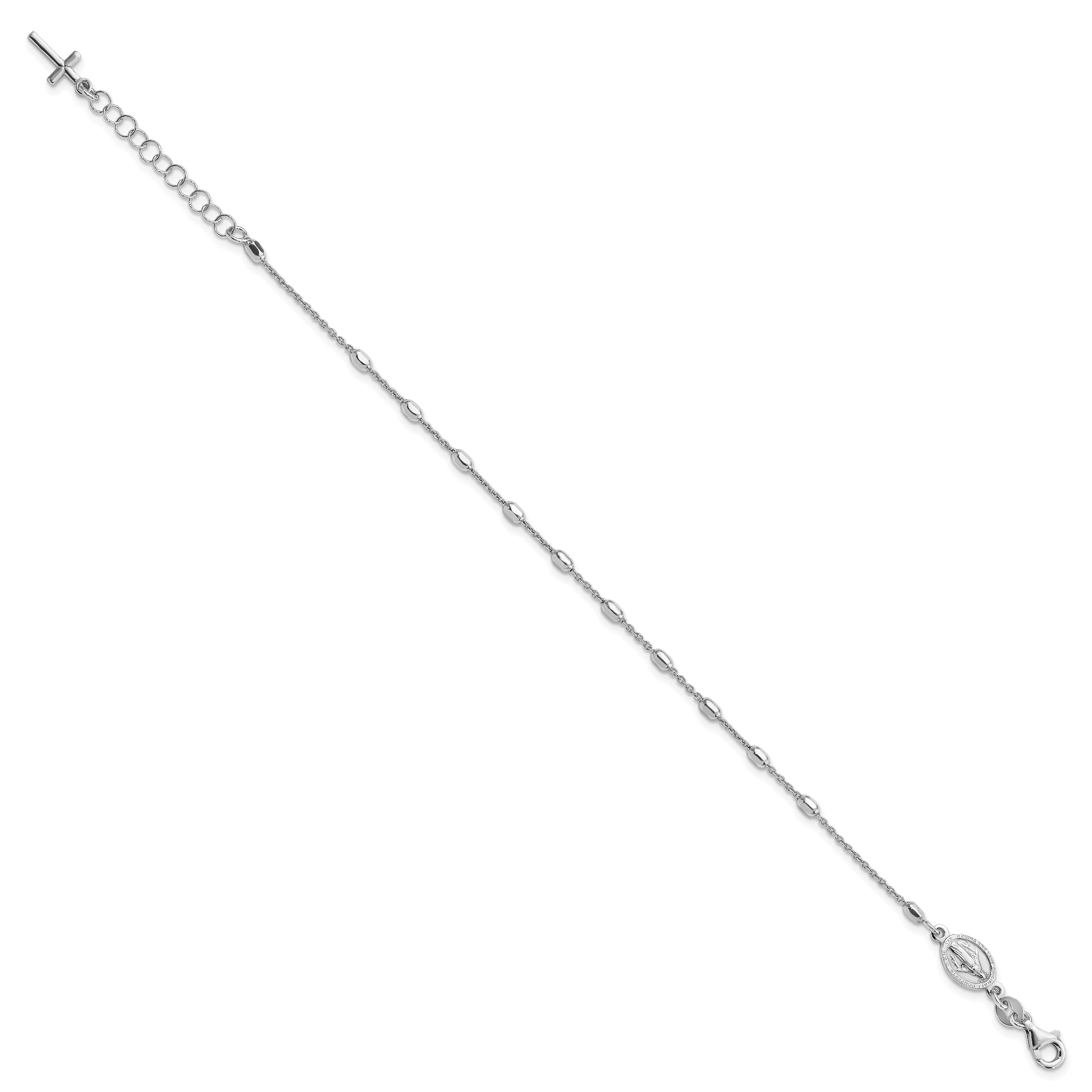 7 Inch Sterling Silver Rhodium Plated Polished Beaded Cross Bracelet