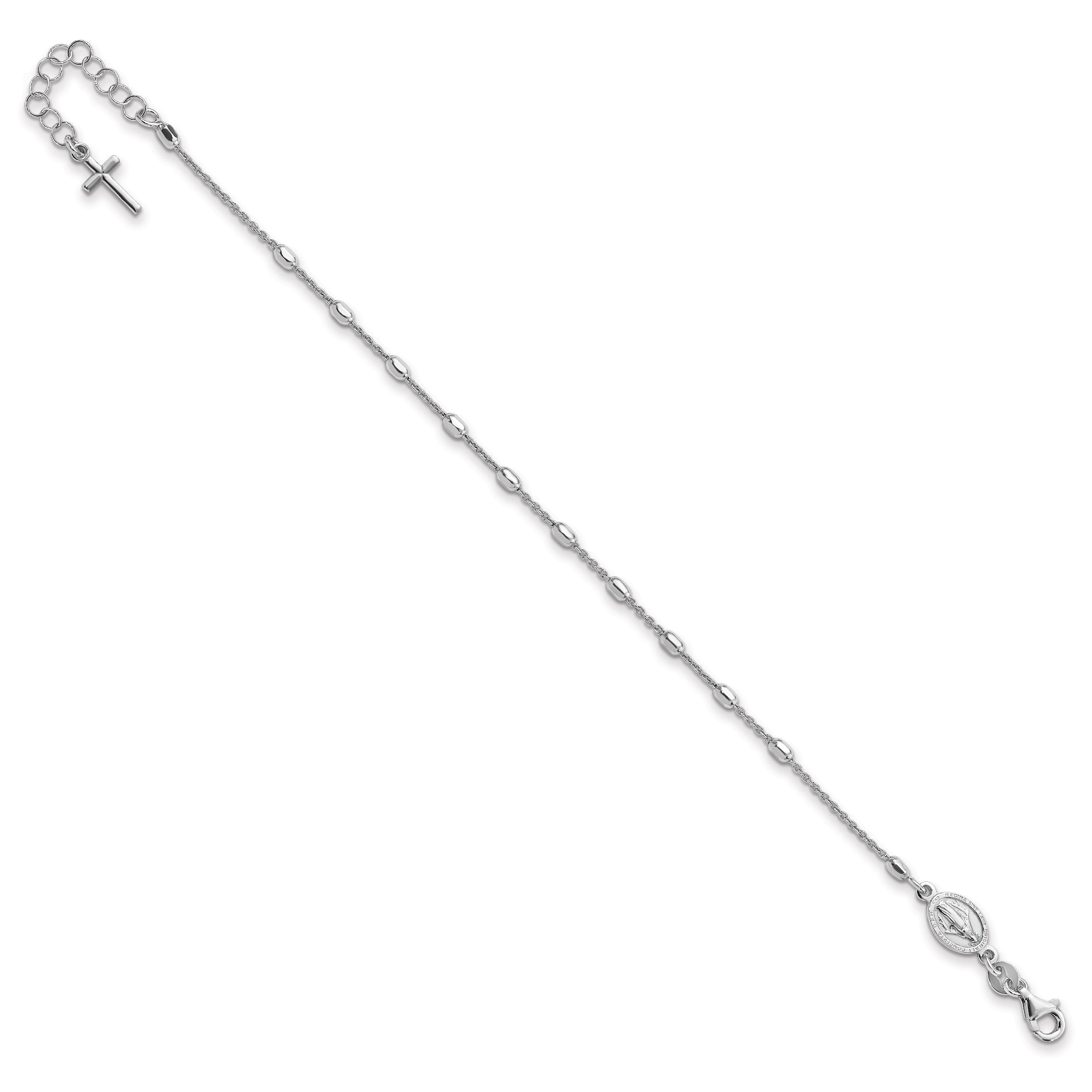 7 Inch Sterling Silver Rhodium Plated Polished Beaded Cross Bracelet
