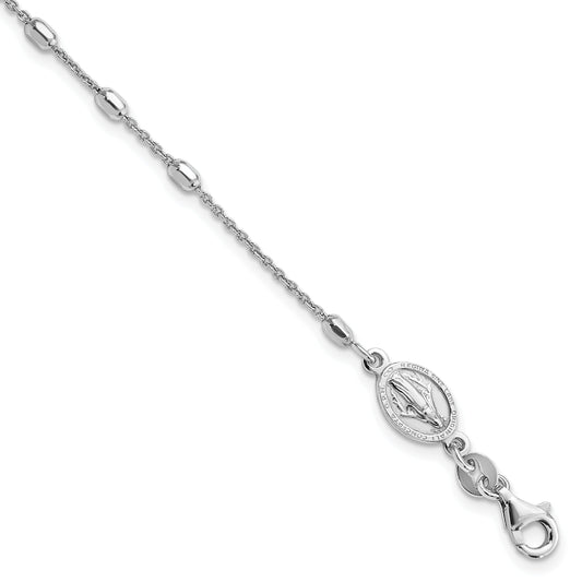 7 Inch Sterling Silver Rhodium Plated Polished Beaded Cross Bracelet