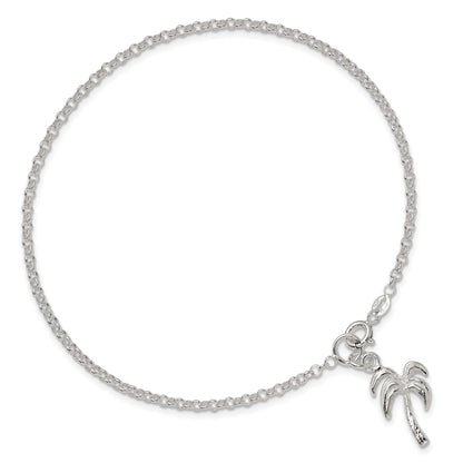 Sterling Silver 10Inch Solid Polished Palm Tree Anklet
