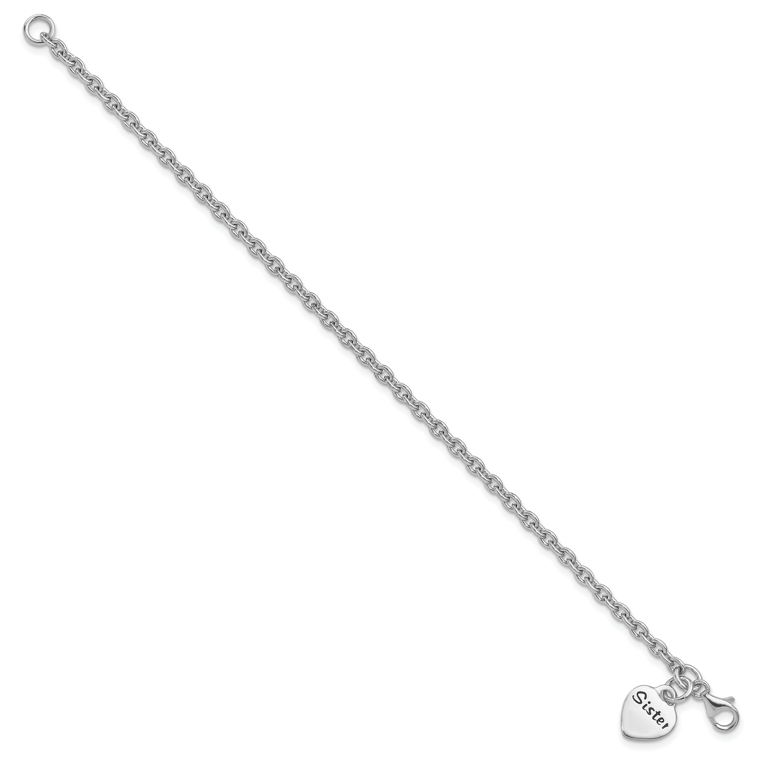 7 Inch Sterling Silver Rhodium-Plated Antiqued Sister Heart Dangle Bracelet