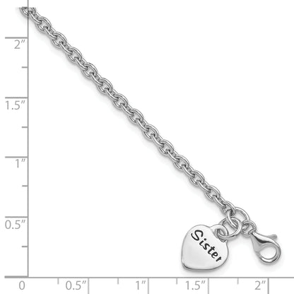 7 Inch Sterling Silver Rhodium-Plated Antiqued Sister Heart Dangle Bracelet