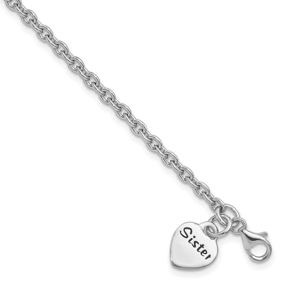 7 Inch Sterling Silver Rhodium-Plated Antiqued Sister Heart Dangle Bracelet