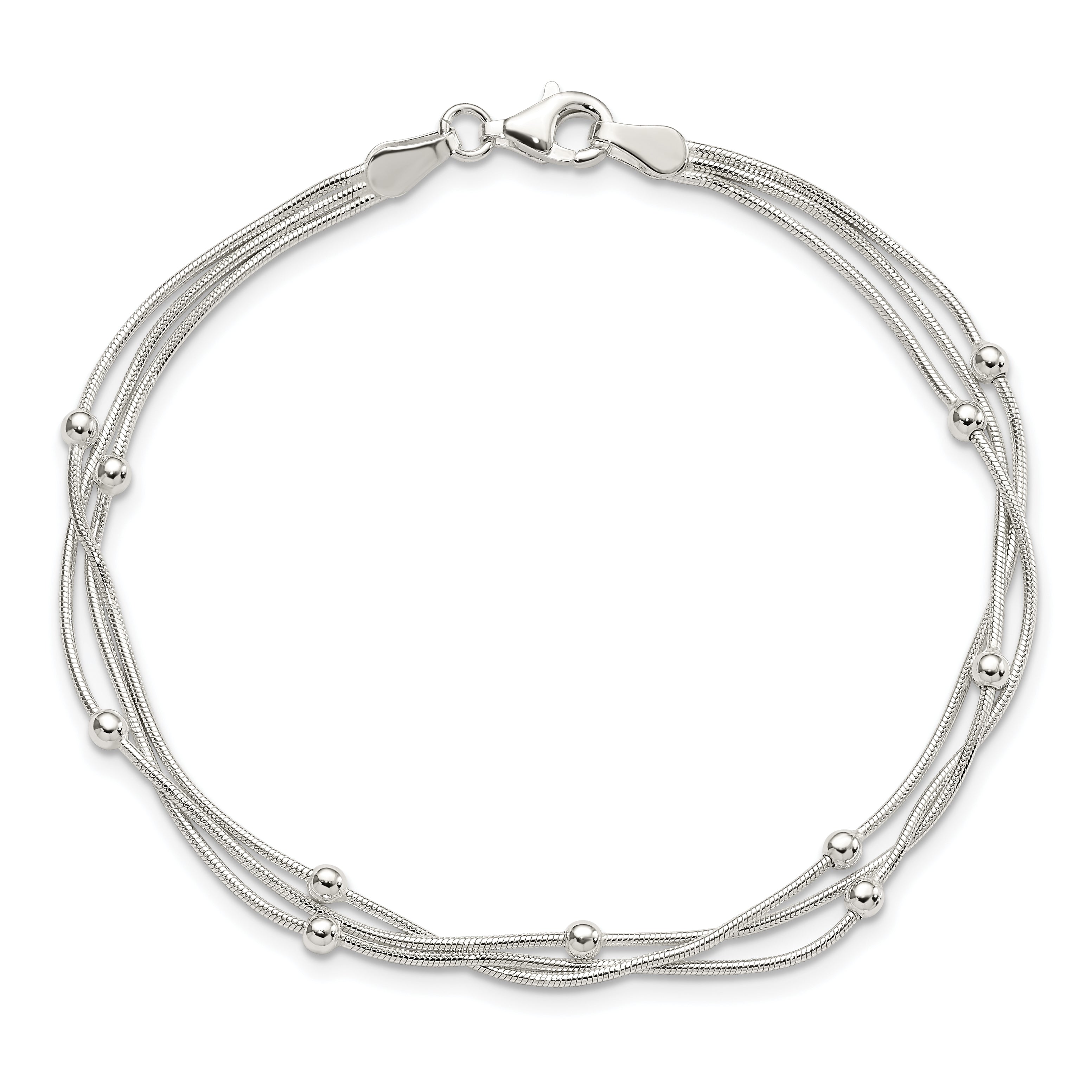 Sterling Silver Polished 3-Strand Beaded 7.5 Inch Bracelet