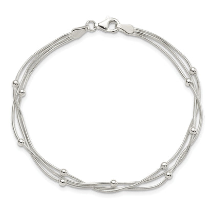 Sterling Silver Polished 3-Strand Beaded 7.5 Inch Bracelet