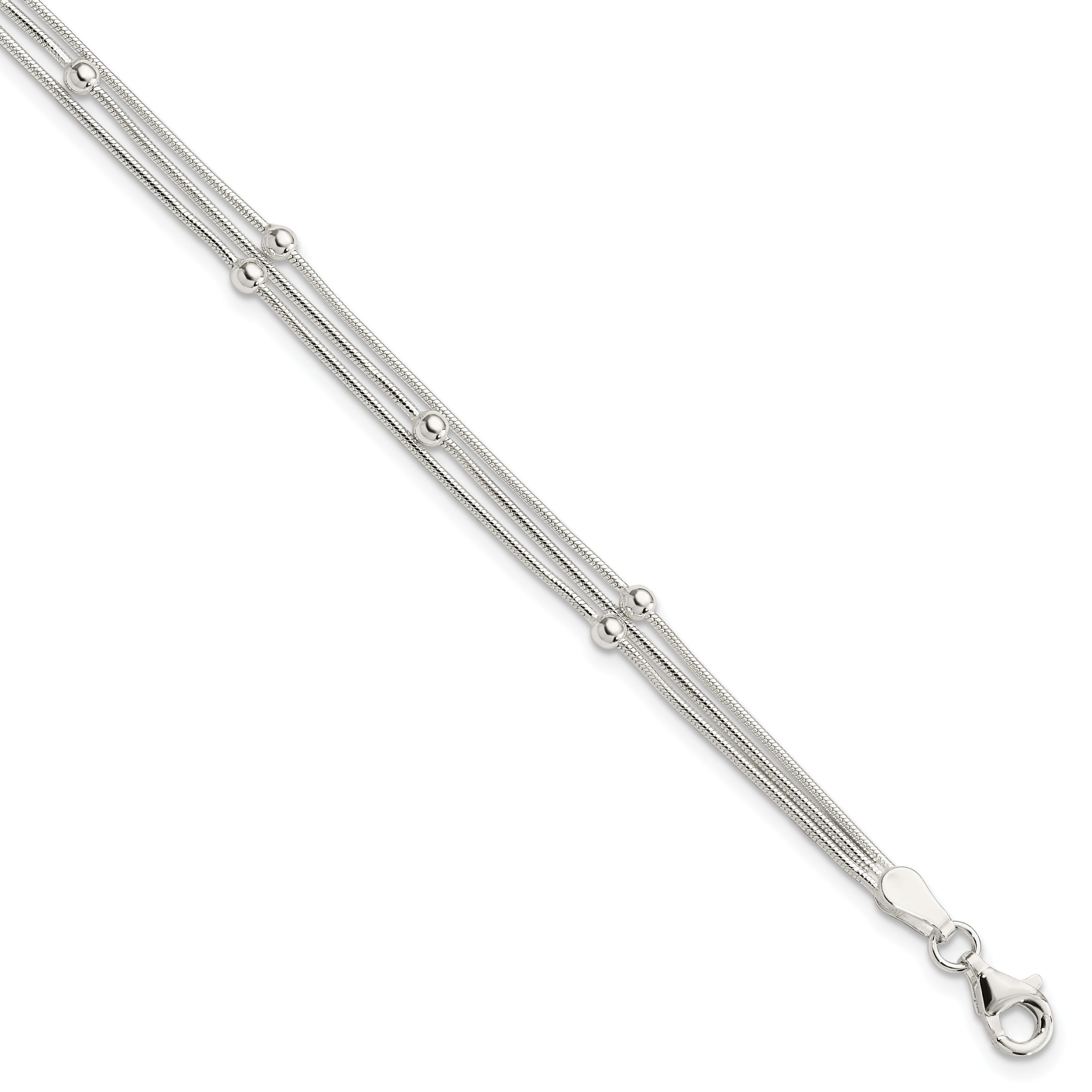 Sterling Silver Polished 3-Strand Beaded 7.5 Inch Bracelet
