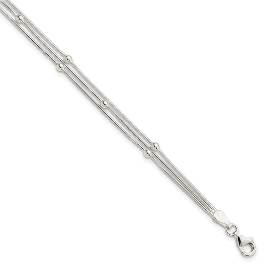 Sterling Silver Polished 3-Strand Beaded 7.5 Inch Bracelet