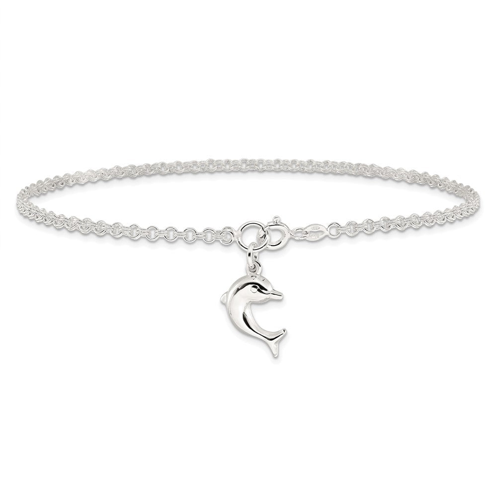 Sterling Silver 9Inch Hollow Polished 3-D Dolphin Anklet